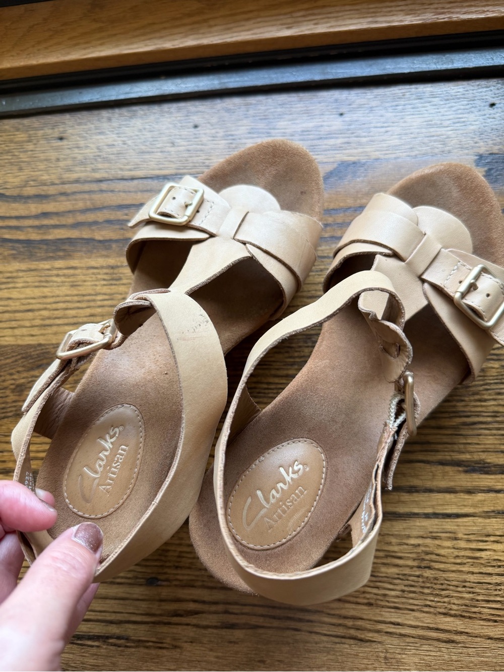 Clarks Women's Beige Leather Buckle Strap Sandals